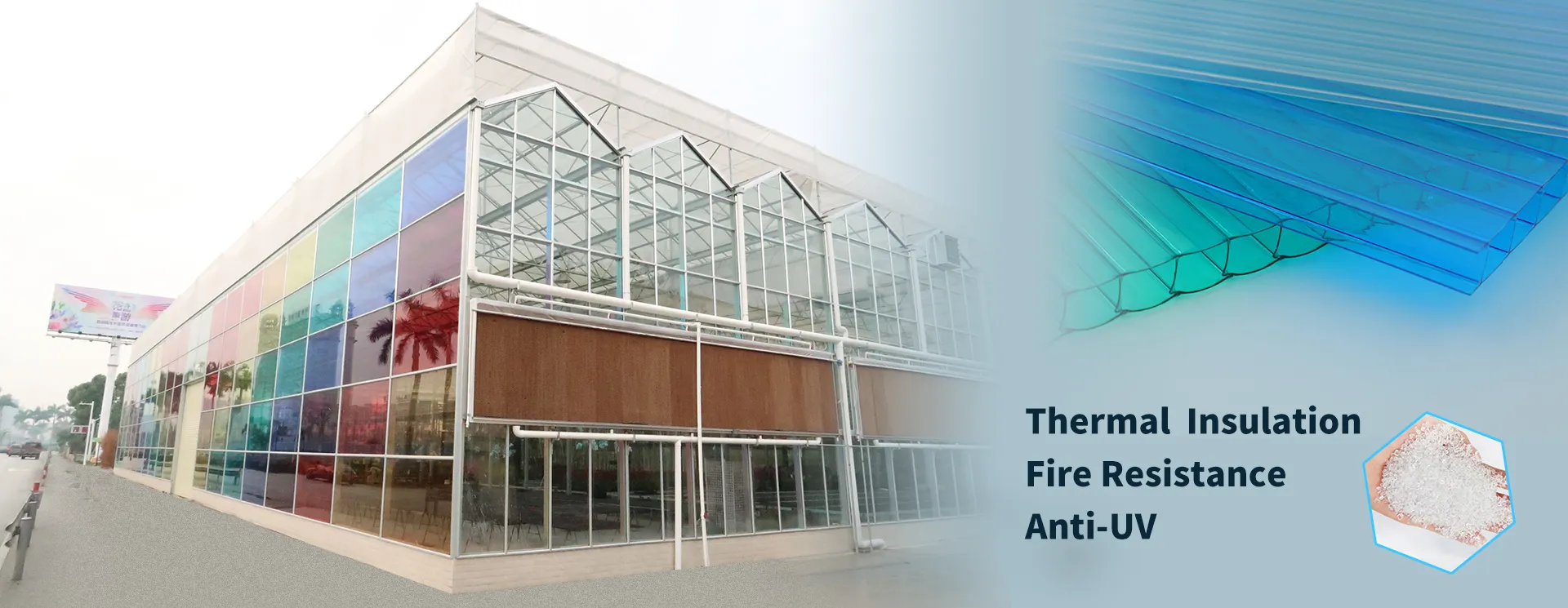 Multi-wall polycarbonate sheet with UV protection and thermal insulation for greenhouse